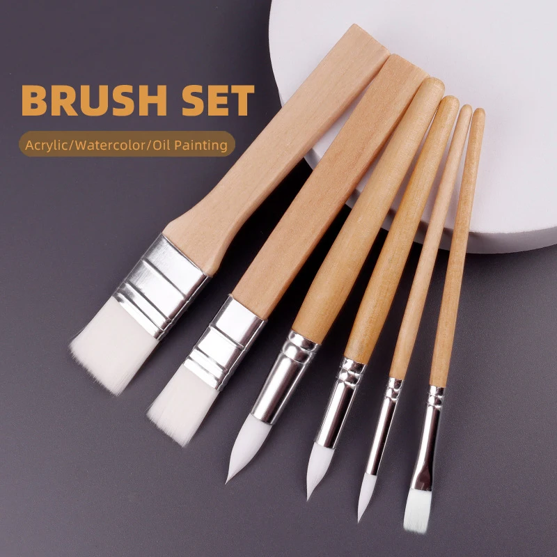 6 Pcs Nylon Wood Handle Paint Brushes Set Round Acrylic Oil Watercolor Brushes Professional Painting Brush for Ink Rock Painting