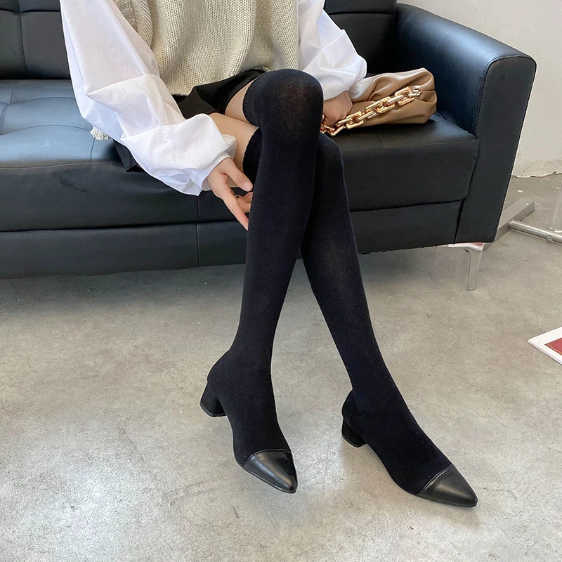 Shoes Women Elastic Over The Knee Long Boots Sexy Pointed Toe Med Heel Ladies Thigh High Boots Black Boots Chaussures Femmer
