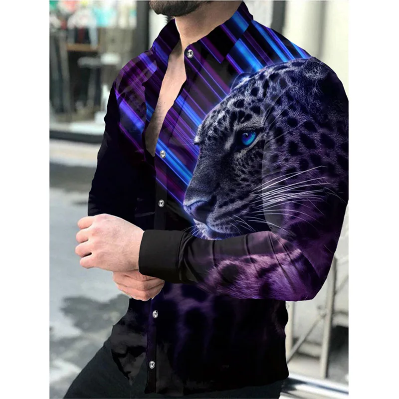 New Men's Shirts Business Casual Animal Print Men's Shirts Slim Fit Fall Long Sleeves Lapel Button Party Boyfriend Tops 3D Style