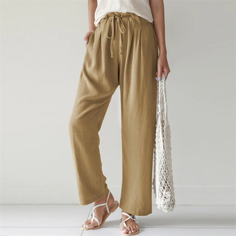 

Women NewCasual Loose Oversized Long Trousers Fashion Cotton Linen Pockets Wide-Leg Pants Drawstring Solid Pantalon 2023 Summer