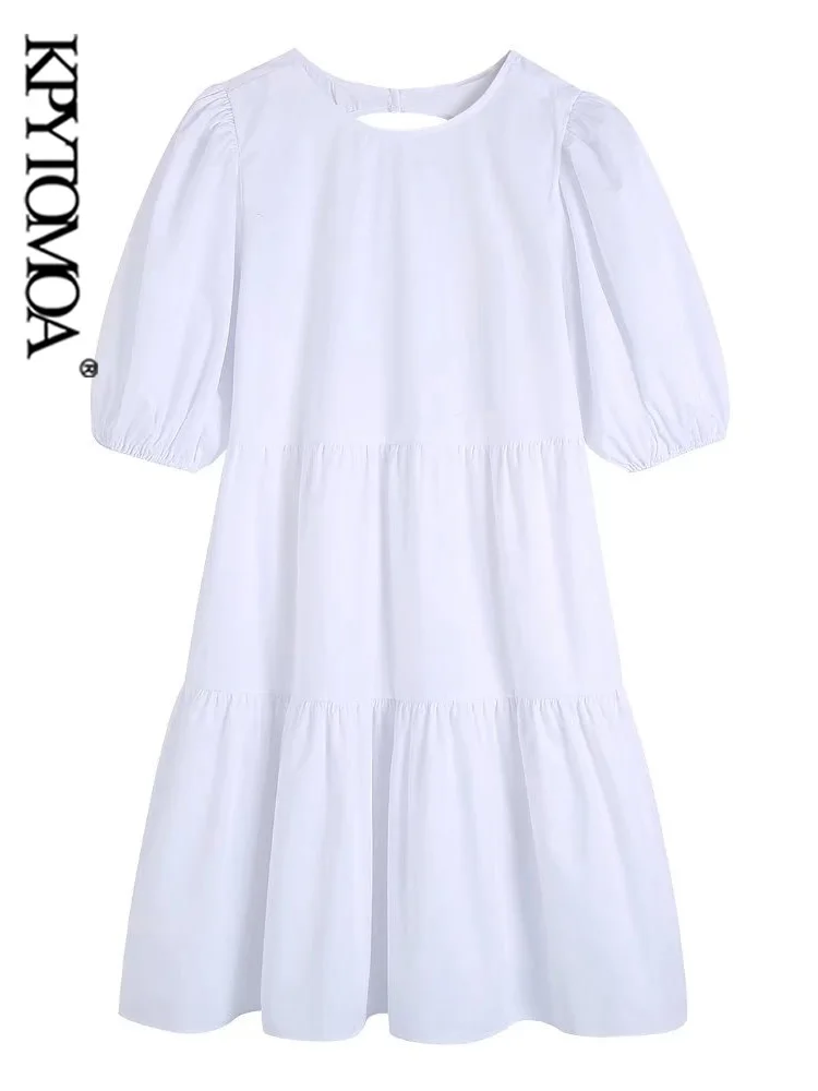 

KPYTOMOA Women Fashion Backless With Tied Poplin Panelled Mini Dress Vintage O Neck Puff Sleeve Female Dresses Vestidos Mujer