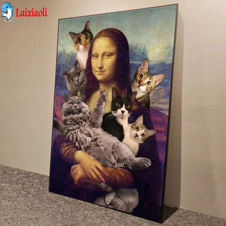 

Mona Lisa and Cute Cats Funny Art 5D Diamond Painting Full Square Round Cross Stitch Kit DIY Embroidery Mosaic Handicraft decor