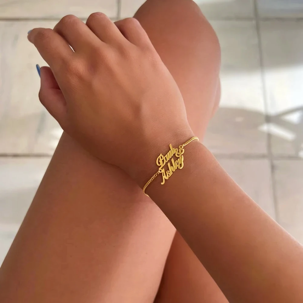 Custom Double Name Women Bracelets Personalized Letter Charms Stainless Steel Bracelets Gold Jewelry Gift Pulsera Personalizada