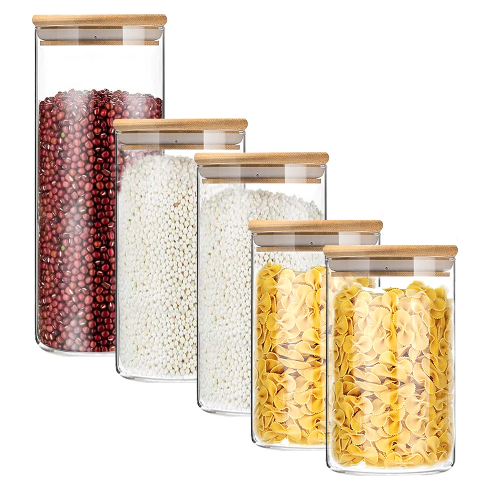 

5 шт., стеклянные банки для хранения, кухонные герметичные контейнеры с бамбуковой крышкой