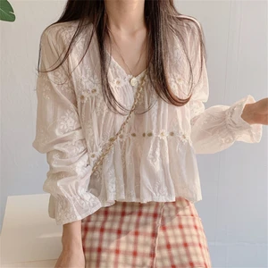 Fashion Hollow V-neck Blouse for Women Stylish Sun-proof Blouses Flower Lace Tee Tops Sweet Spring Long Sleeves Blouse