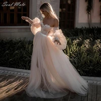boho sweetheart princess wedding dress long puff sleeves pleated tulle beach bridal gowns a line bride dresses vestidos de novia