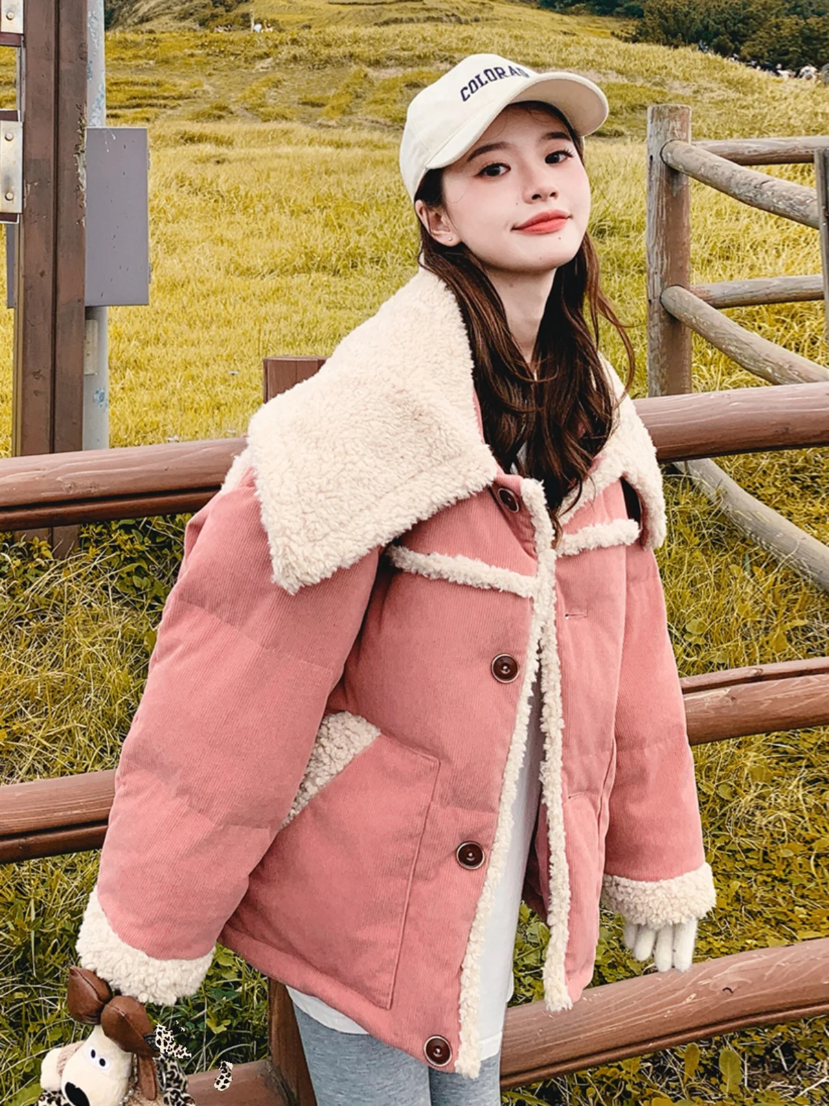 Pink Lamb Wool Lapel Down jacket Women Winter New Unique Super Nice Warm Thickened 90 White Duck Down Outerwear
