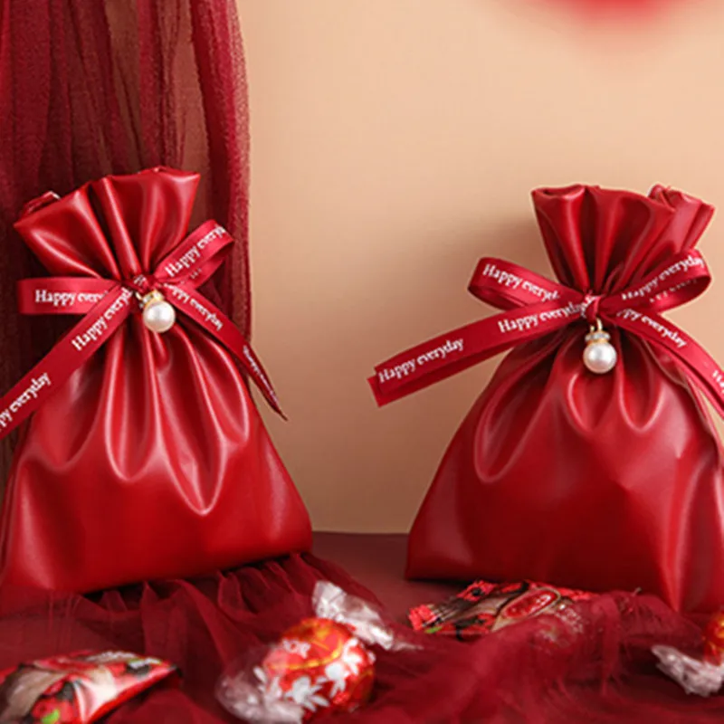 

5pcs Leather Gift Wrapping Bags Wedding Birthday Candy Dragee Jewelry Pearl Packing Drawstring Bag Get Married Decoration