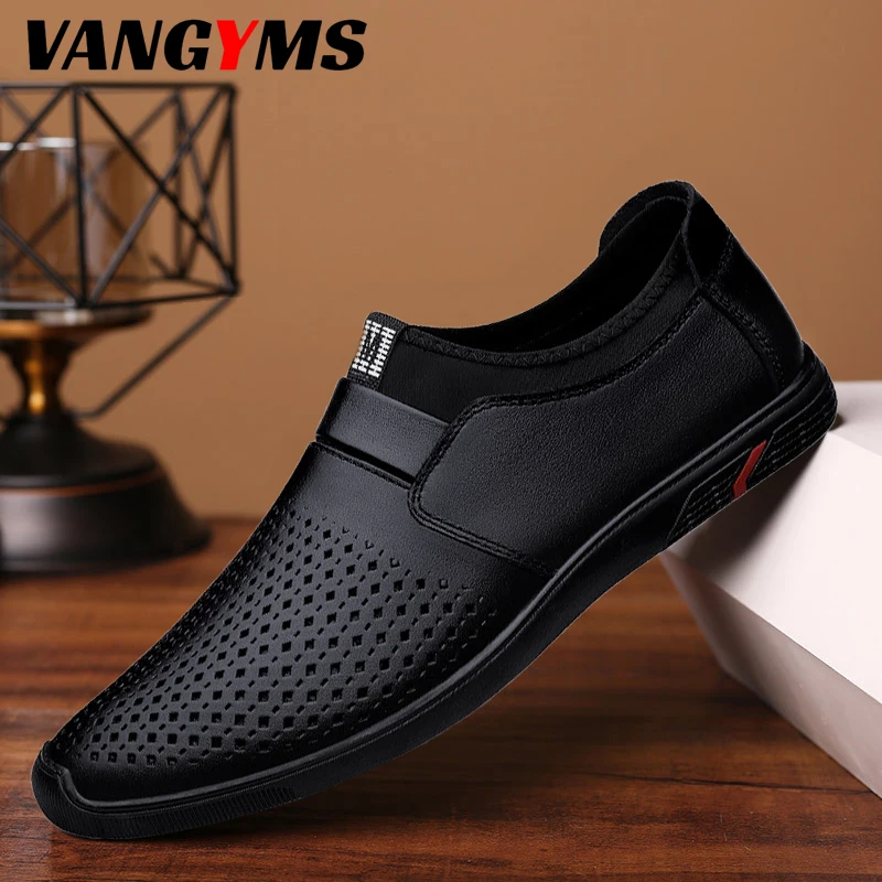

Men's Summer Leather Shoes 2022 Pointed Toe Black Leather Shoes Soft Men's Breathable Hole Shoes Flat Loafers Sapatos De Couro