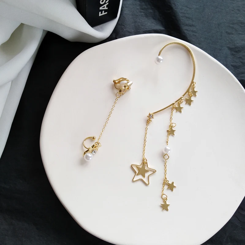 

Fashion Asymmetric Stars Tassel Earrings for Women Statement Sweet Wedding Romantic Girls Beautiful Ear-hook Pearl Earrings