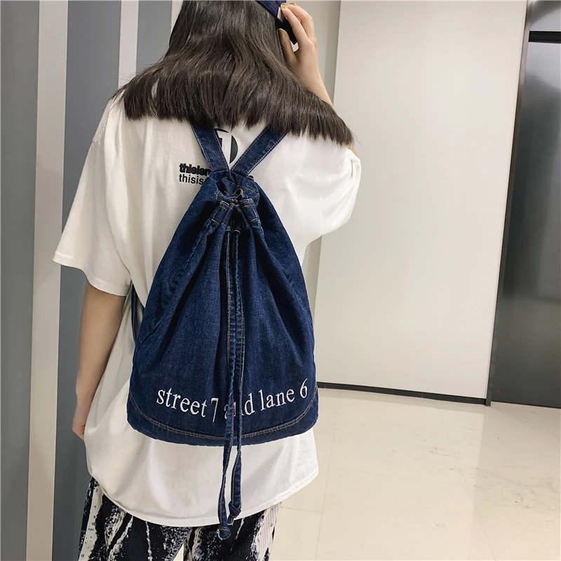 Купи Denim Women's Backpack 2022 Trend String Back Bag Fashion College School Bags Casual Packbags for Teenage Travel Jeans Rucksack за 845 рублей в магазине AliExpress