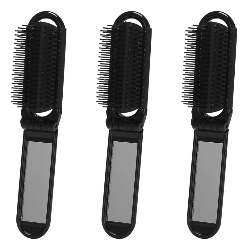 

3X Portable Travel Folding Hair Brush With Mirror Compact Pocket Size Comb-Black