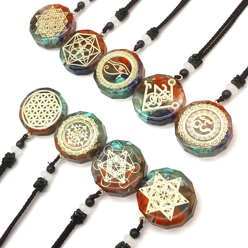 

7 Chakra Power Stone Divination Necklace Pendant Natural Gravel Polygonal Geometric Pendant Jewelry Resin Sweater Chain 7 Chakra