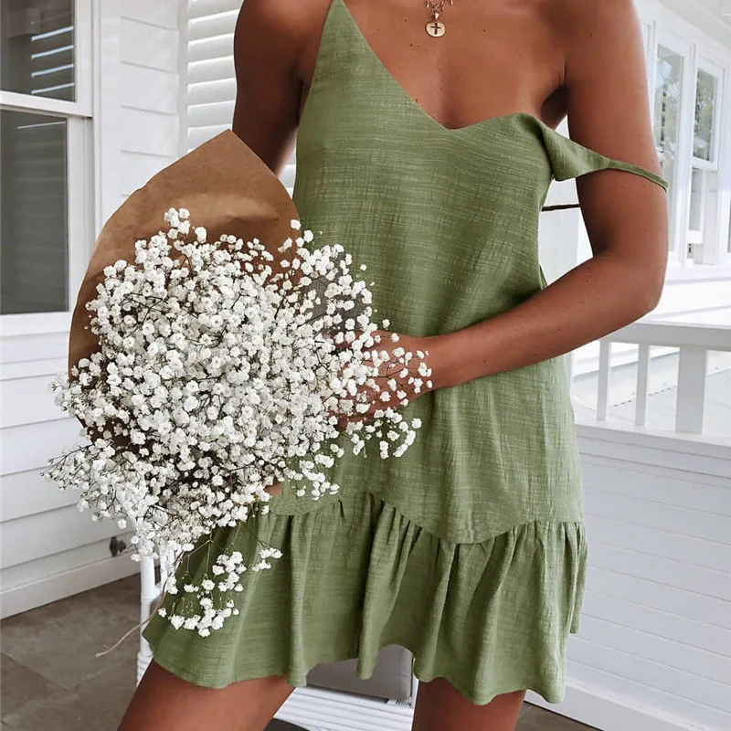 

Loose Summer Dress Cotton Sexy White Halter V-neck Ruffled Women Casual Spaghetti Strap Mini Beach Clothes For Women 2023