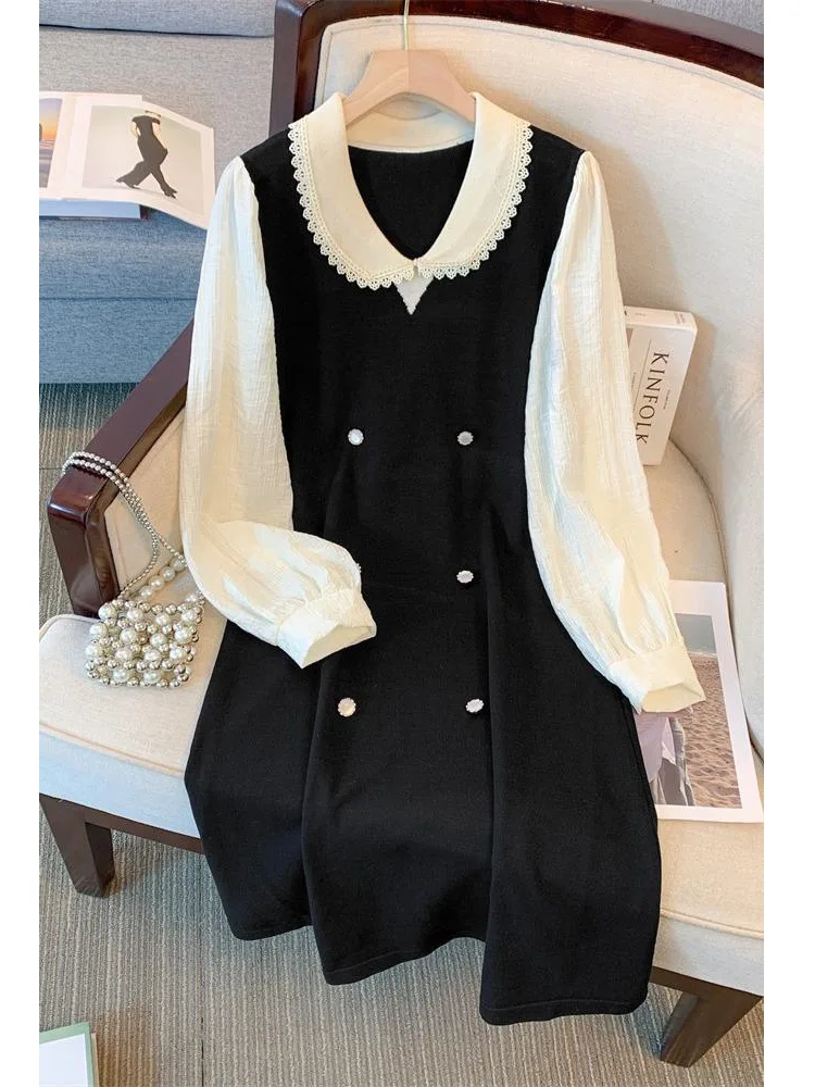 

Осенне-зимнее платье для женщин, элегантное милое модное Повседневное платье в Корейском стиле, лоскутное платье с отложным воротником, женская одежда