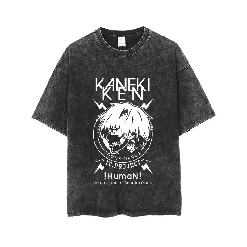 Фото Футболка оверсайз Tokyo Ghoul Ken Kaneki TG Project Monochrome Acid Wash, черная, летняя, 2026, уличная одежда, с аниме-графикой №1