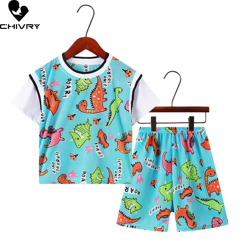 

New 2023 Baby Boy Summer Cartoon Dinosaur Letter Print Short Sleeve O-neck T-shirt Tops with Shorts Kids Boys Clothing Sets