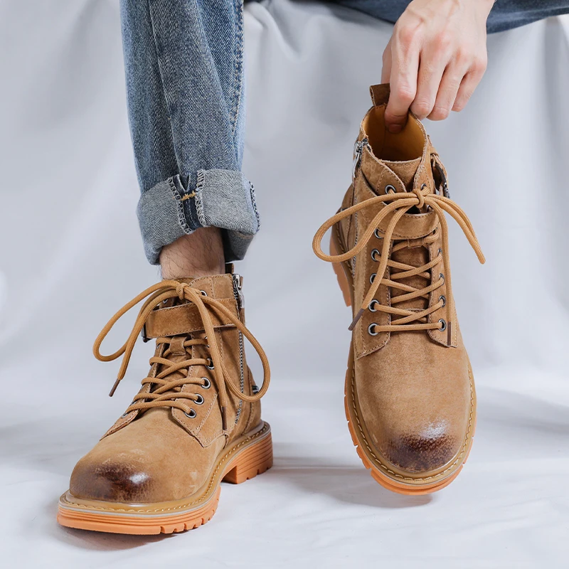 Мужские ботильоны на толстой подошве черные кожаные мотоциклетные ботинки