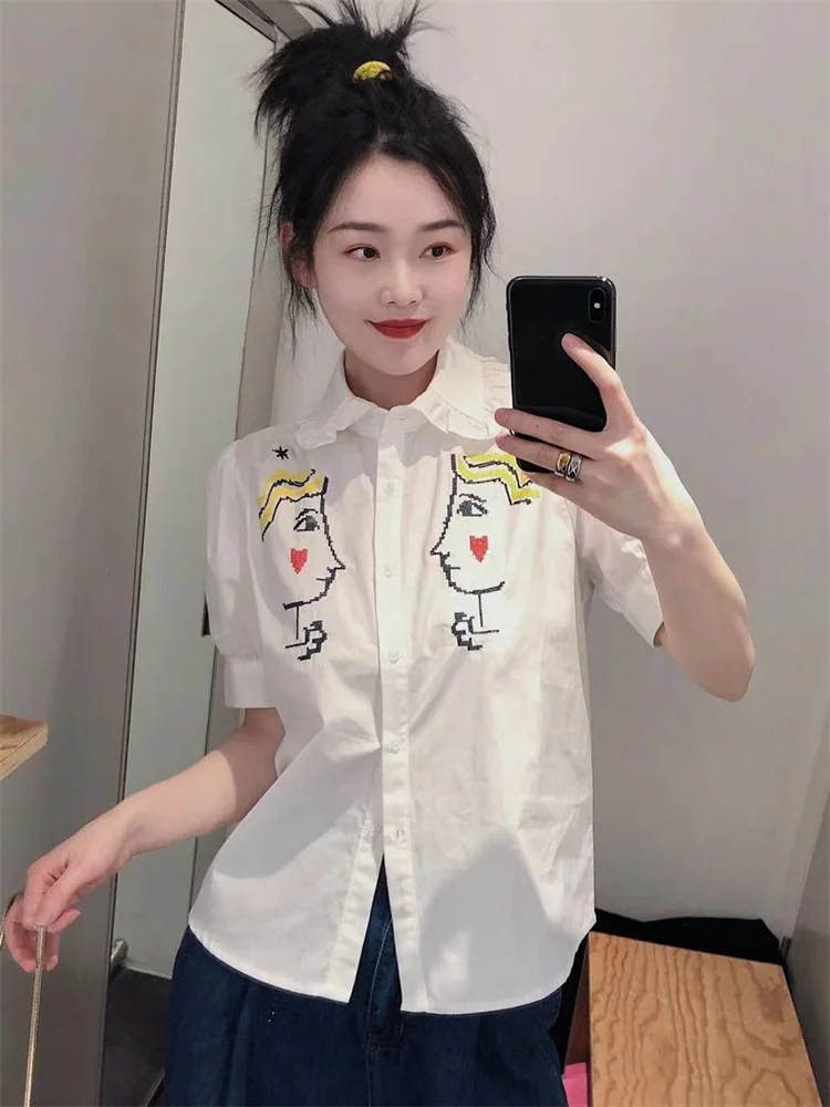 Распродажа Женская блузка с пышными рукавами и мультяшной вышивкой