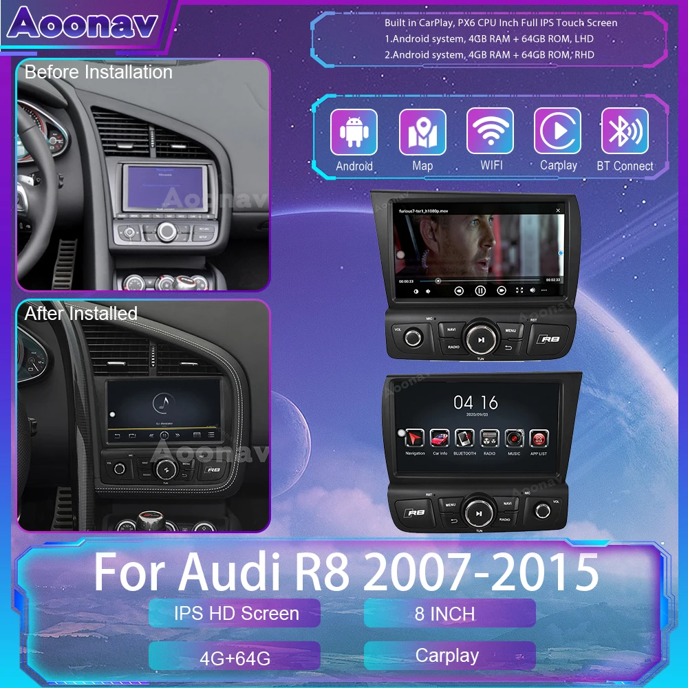 

Автомагнитола на Android для Audi R8 2007, 2008, 2009-2015, автомобильный мультимедийный плеер, стерео, GPS-навигация, сенсорный экран Carplay