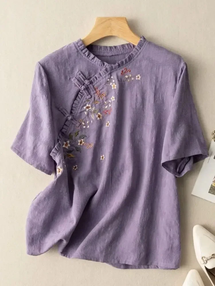 Рубашка из хлопка и льна с коротким рукавом женская рубашка диагональным