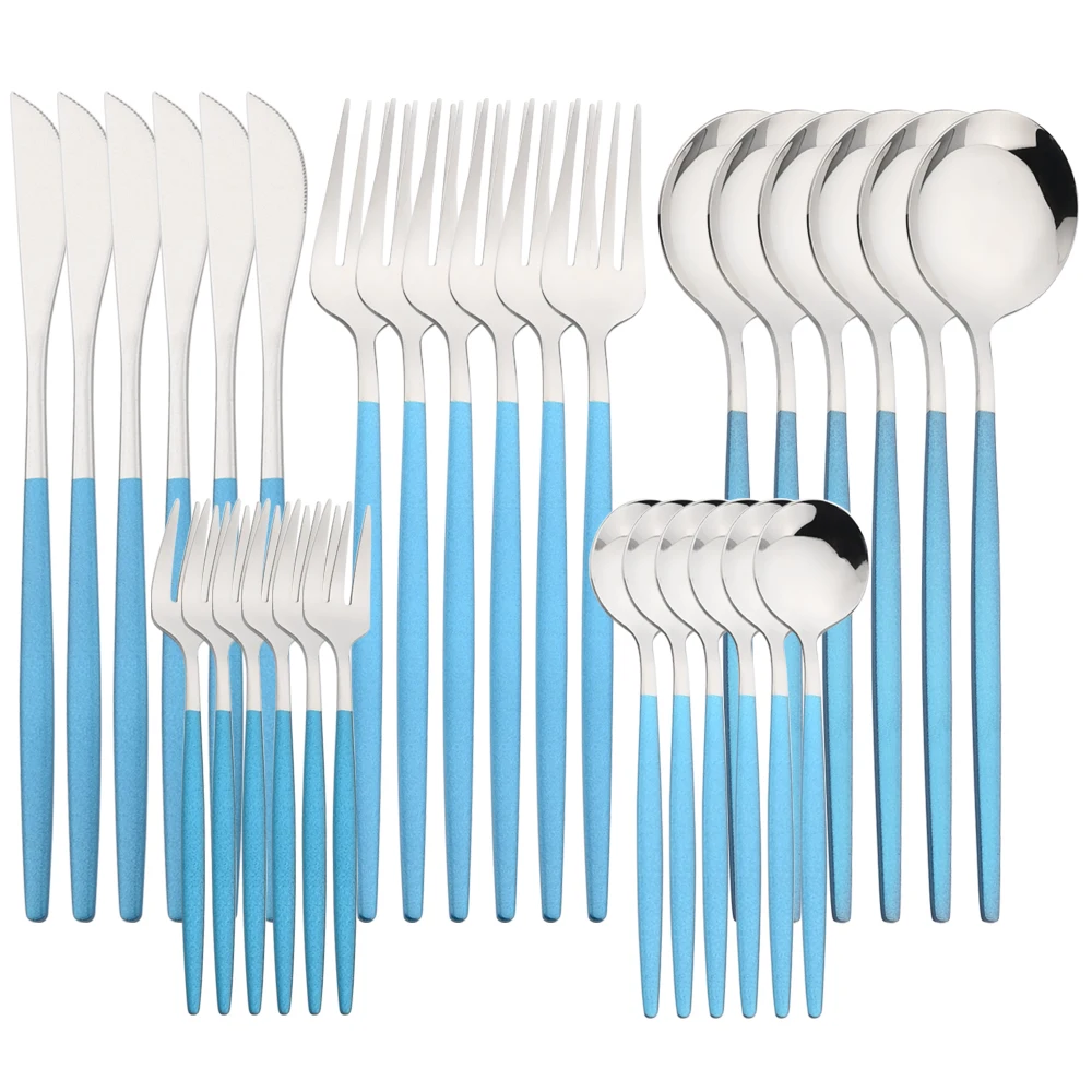 

30pcs Blue Silver Dinnerware Set Stainless Steel Cutlery Knives Coffee Spoon Forks Dinner Tableware Set Western Kitchen Flatware