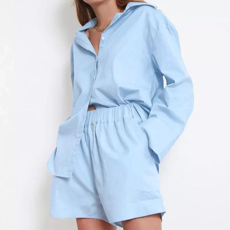 

Casual Set Women Shirts Two Pieces Set Summer Single Breasted Long Sleeved Blouse Suits Elastic Waist Shorts Solid Suits