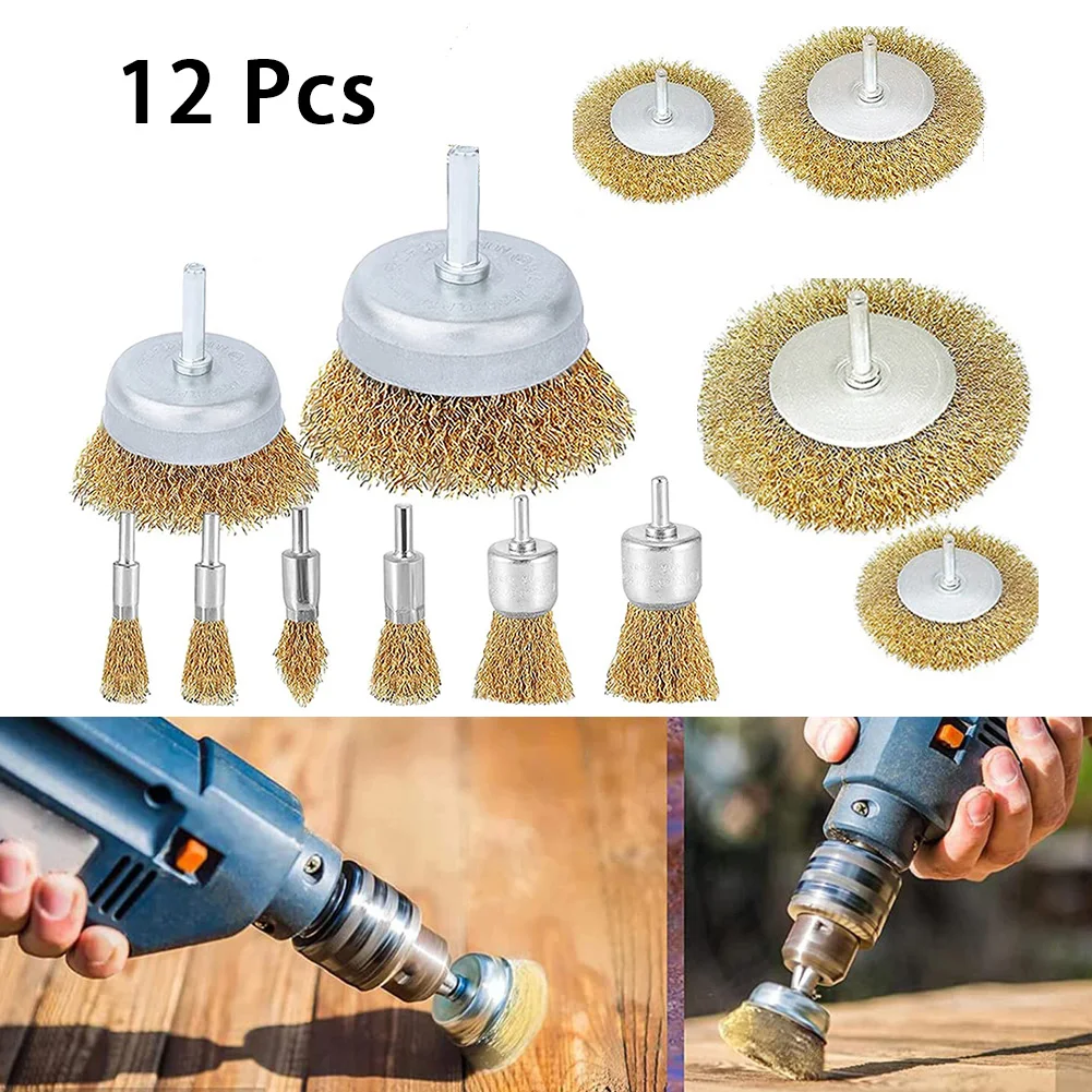 

12Pcs Wire Brush Wheel Cup Brush Set 1/4In Shank Wire Wheel Brass&Metal Drill Attachment Accessories For Paint Burr Rust
