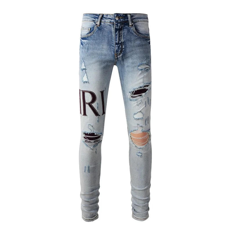 

New Arrivals Light Blue Distressed Streetwear Slim Leather Letter Pattern Embroidered Patch Damaged Skinny Stretch Ripped Jeans