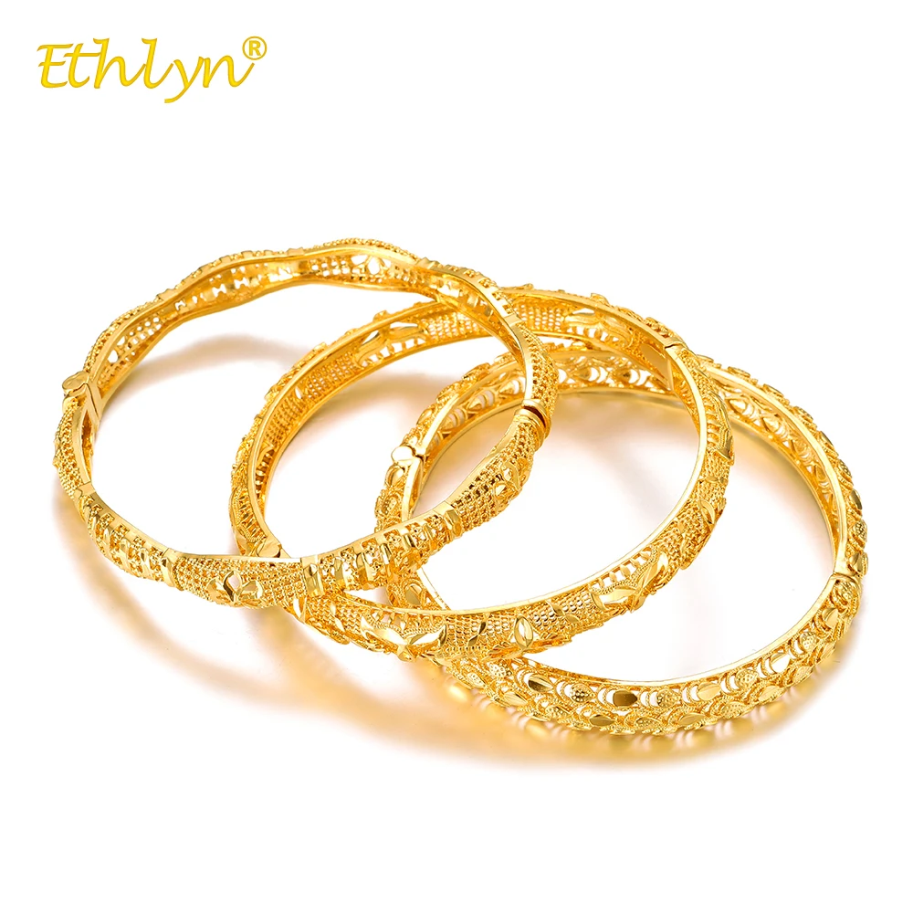 

Ethlyn Indian Bride Jewelry Gold Color Openable Women Copper Wedding Bangles Bracelets Fancy Gifts （3pcs/Lot）