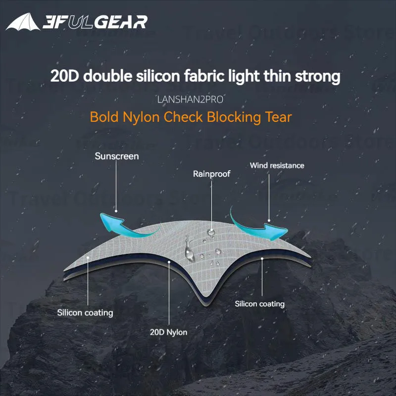 Фото 3F UL GEAR LanShan2 Pro Tent 20D двухслойная силиконовая сверхлегкая палатка для улицы, 2 человека, 3/4, сезонная пирамида, походная палатка для кемпинга №2