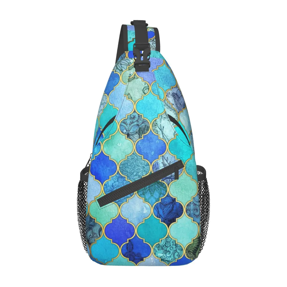 

Cobalt Blue, Aqua & Gold Moroccan Tile Sling Backpack Sling Bags Hiking Travel Chest Bag Daypack Crossbody Backpack Shoulder Bag