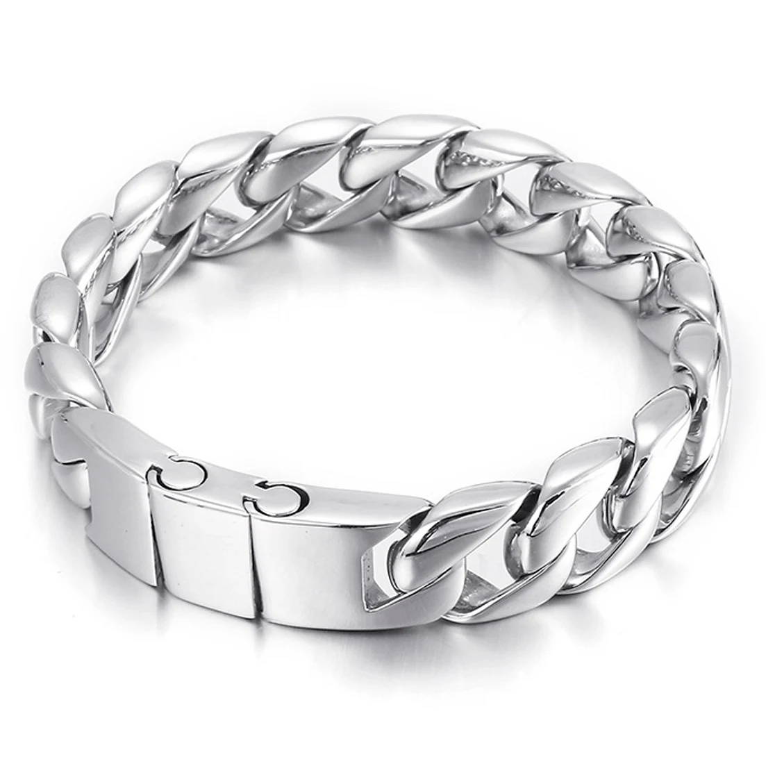 

Mens High Polished Bracelet 316L Stainless Steel Curb Cuban Link Chain Silver Color Cool Wristband 15mm 8.66inch