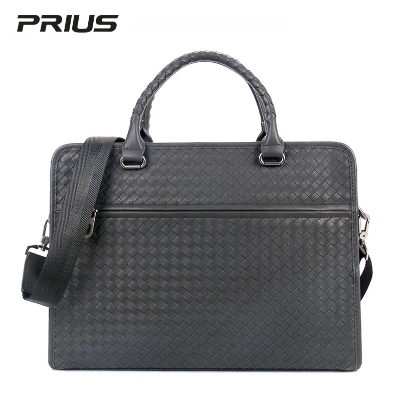 Men's luxury brand business briefcase high-capacity high-grade leather woven classic one shoulder handbag 14 inch computer bag
