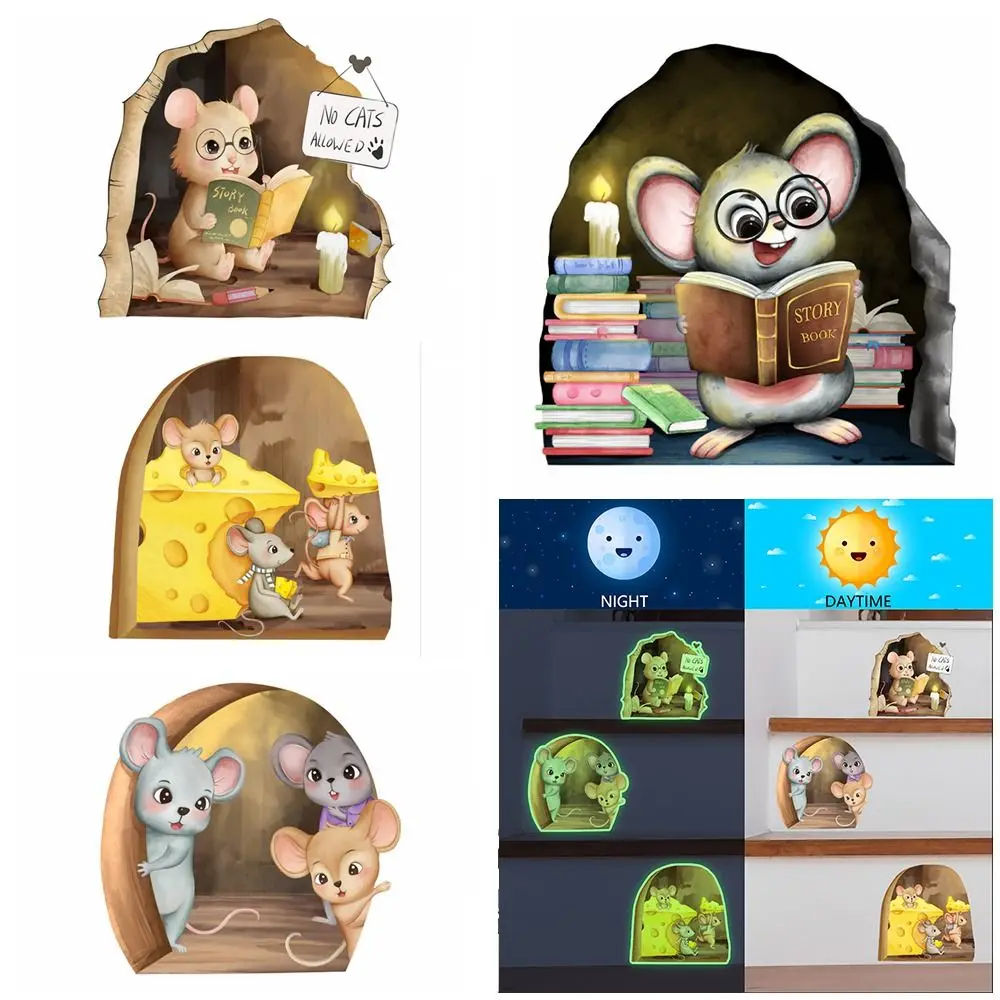 

DIY светящиеся наклейки с отверстием для мыши, креативное отверстие для мыши, светящиеся 3D резные наклейки, переноска еды, износостойкий Настенный декор