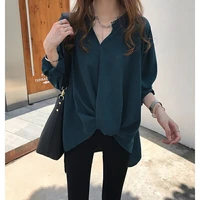 chiffon shirts womens casual shirts v neck pleated blouse medium long sleeve shirts for women loose pullover tops patch shirts