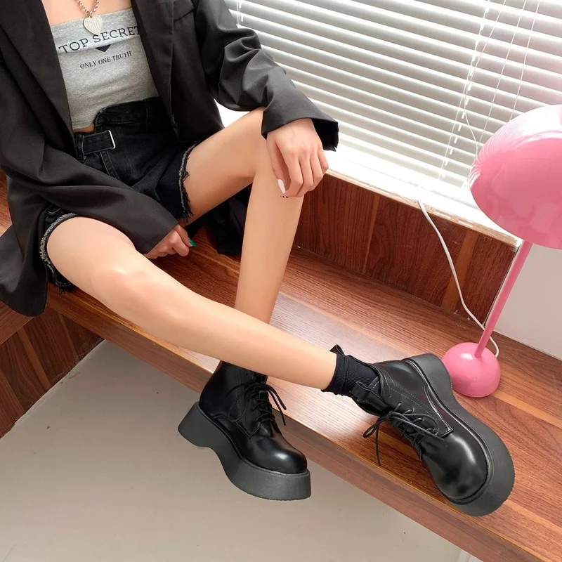 New Thick-soled Women's Boots Thick-soled Shoes Black PU Shoes Female Round Toe Casual Shoes Female Chelsea Boots Botas De Mujer