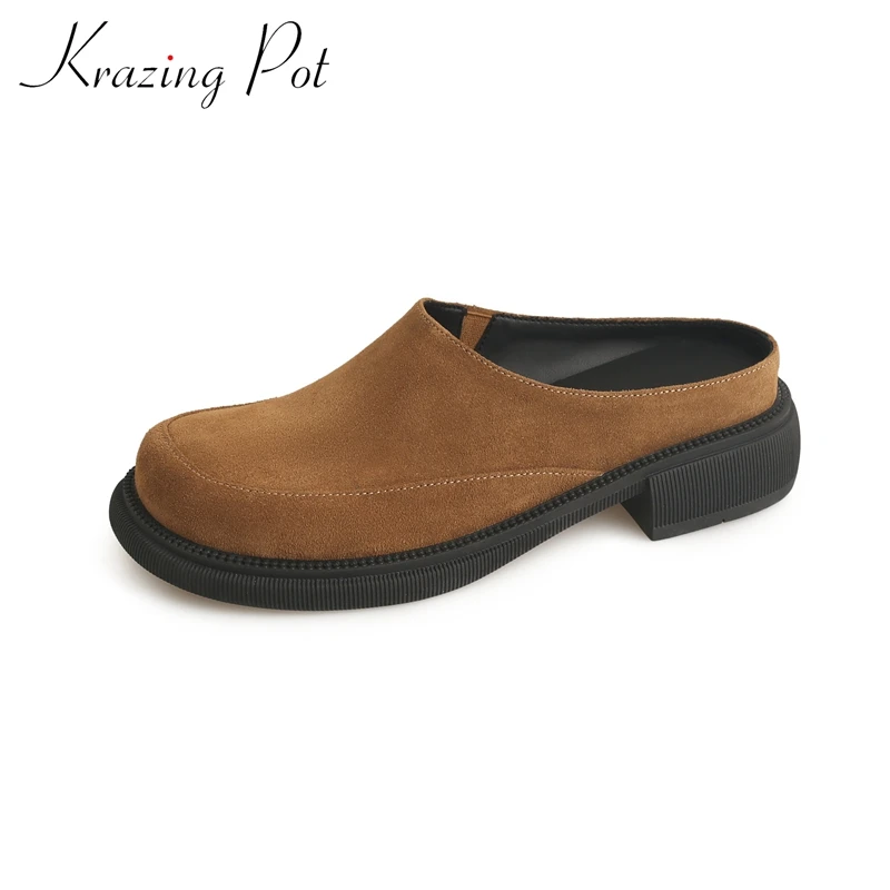 

Krazing Pot 2023 Cow Suede Mules Flat Platform Summer Retro British School High Fashion Round Toe Women Casual Outside Slippers