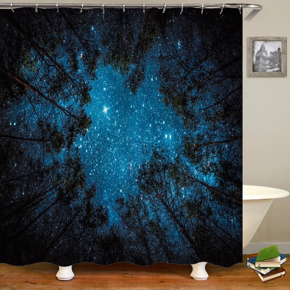 

Starry Sky Forest Landscape Bathroom Curtain 3D Natural Scenery Printing Shower Curtains Waterproof Polyester Home Decoration