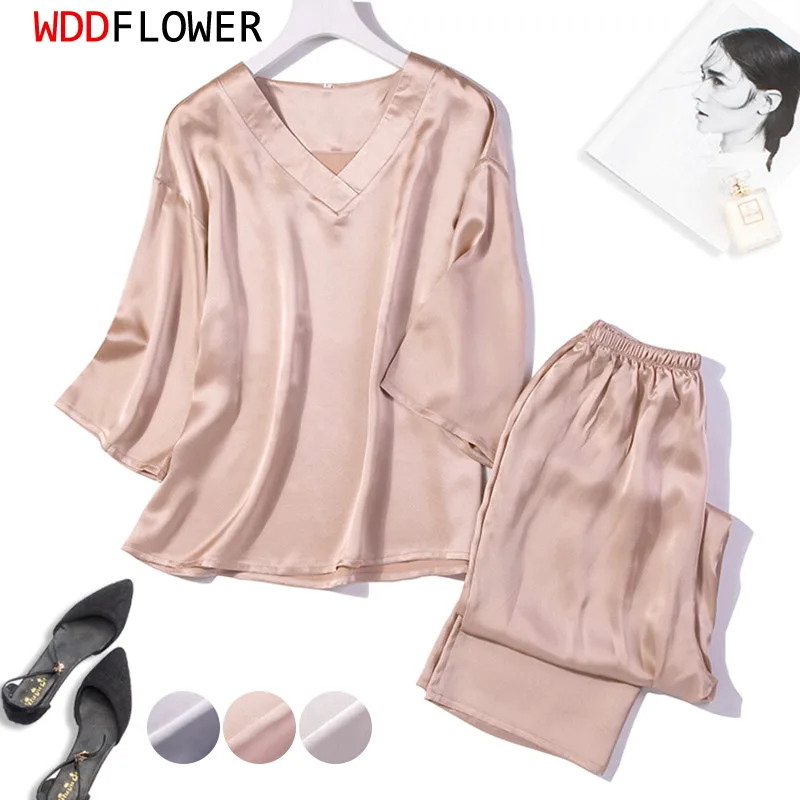 

Women 100% Pure Mulberry Silk 16 momme Satin Silk V Neck Pajama Set Sleepwear Nightwear L XL JN525