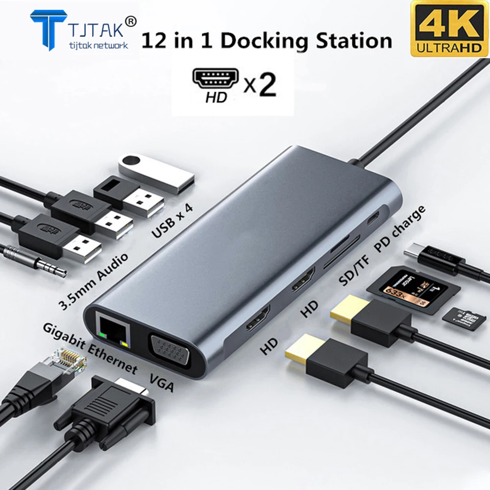 

USB C HUB for MacBook Pro Triple Display Type C HUB Dual HDMI-compatib DP SD Card Readers RJ45 3.5mm 12 in 1 Adapter USB c dock
