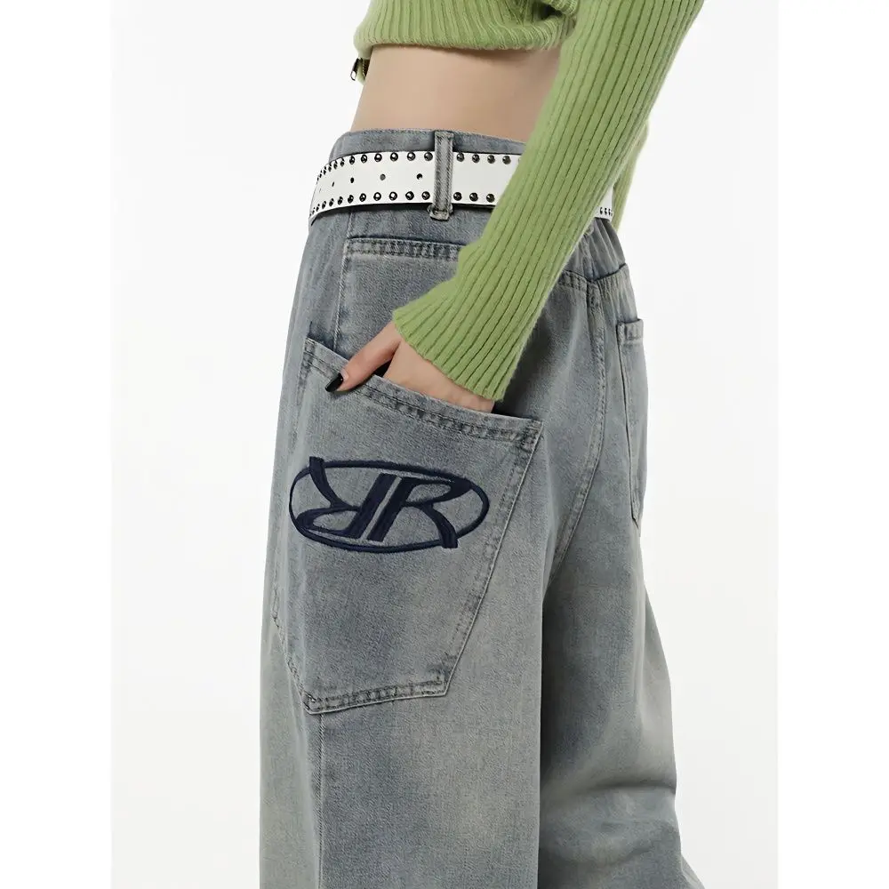 New Denim Jeans Blue High Waist Wide Leg Jeans Women Large Pockets Straight-legged Pants High Street Embroidery Y2K