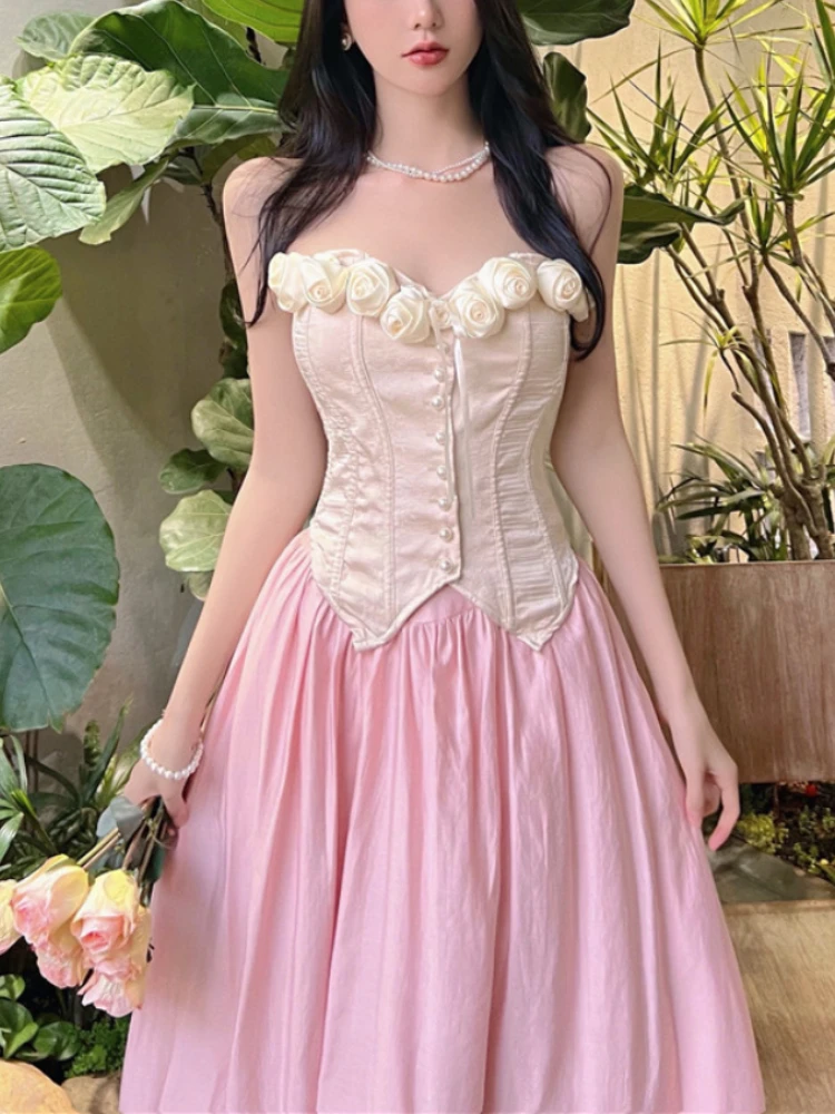 France Vintage Elegant Two-piece Dress Floral Sweet Corset Top + Pink High-waisted Skirt Korean Style Clothing Sets Summer 2022