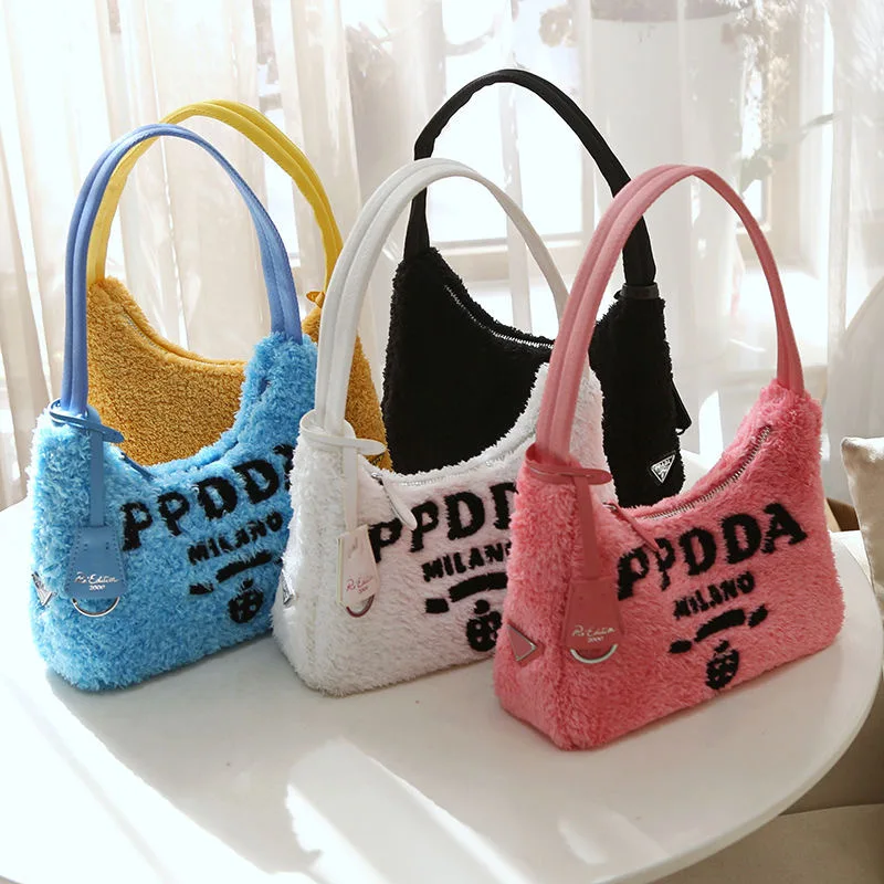 

Миниатюрные сумки на плечо с надписью PPDDA для женщин, зимние плюшевые сумочки для подмышек, модная пушистая Сумка-тоут, теплая тканевая сумочка