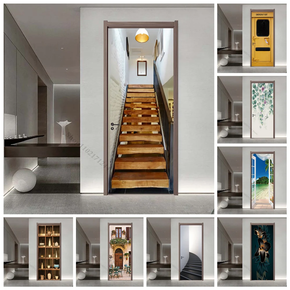 

Retro Stair Stairway Film Door Stickers Decorative Waterproof DIY Self Adhesive Staircase Leaf Sticker Murals Furniture Bathroom