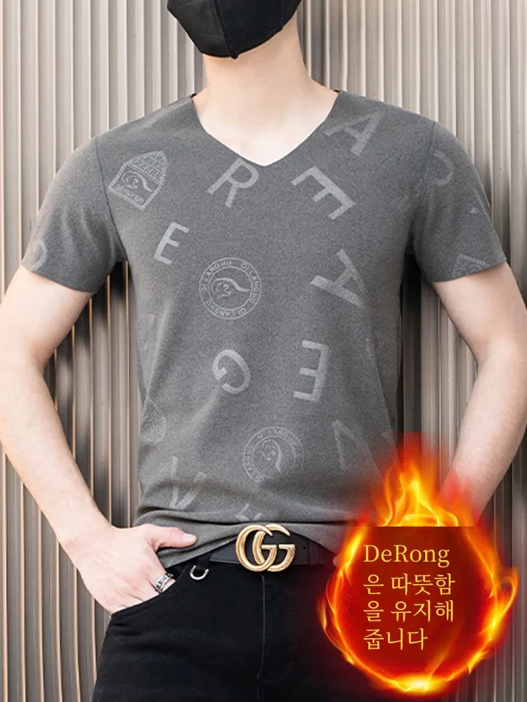 Seamless Dralon Short sleeve T-shirt Men's Autumn and Winter Inner wear Fleece-lined Thickened Half Sleeve Bottoming Shirt De...