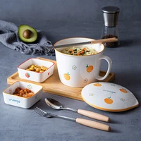 ceramic noodle cup bowl creative ins fruit style with cover box student worker lunch box instant soup dinner noodle bowl set