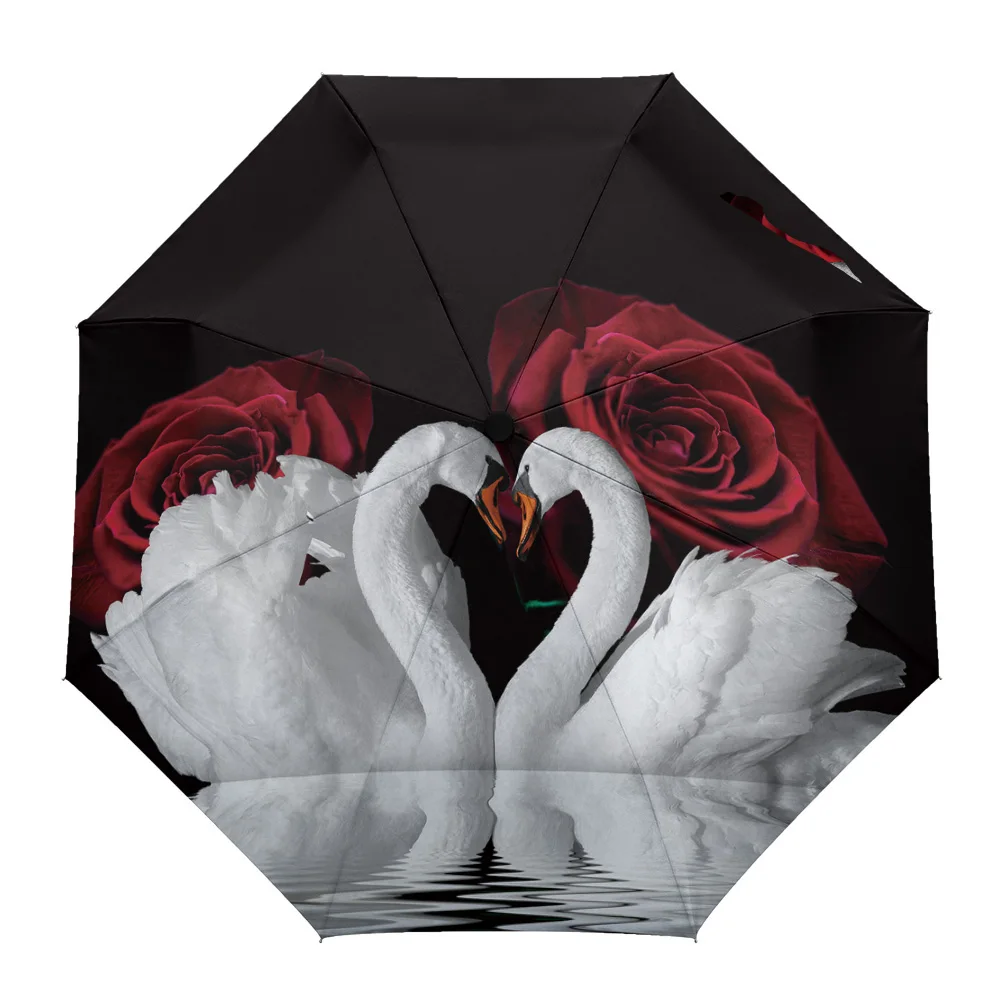 

Beautiful Romantic Swans Roses Sunny Umbrella Automatic Beach Umbrella Outdoor Adults Printed Rain Umbrella for Men Kids Parasol