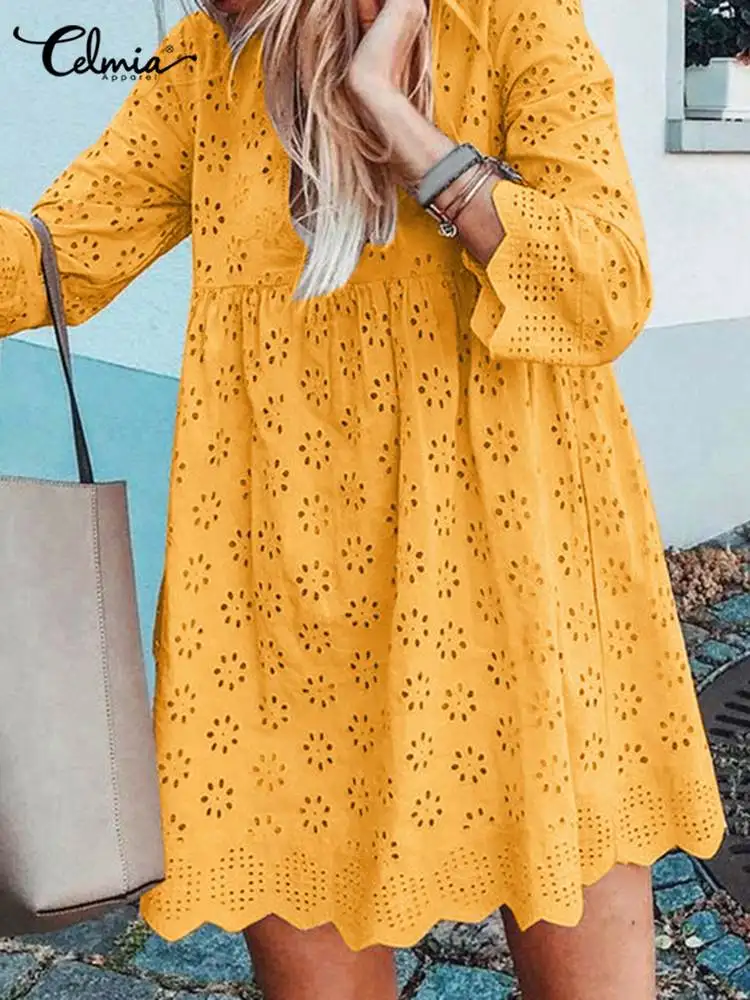 

Celmia Women Sexy V-neck Lace Cotton Dress 2022 Summer Bohemian Sundress Floral Hollow Out Elegant Casual Mini Dress no lining