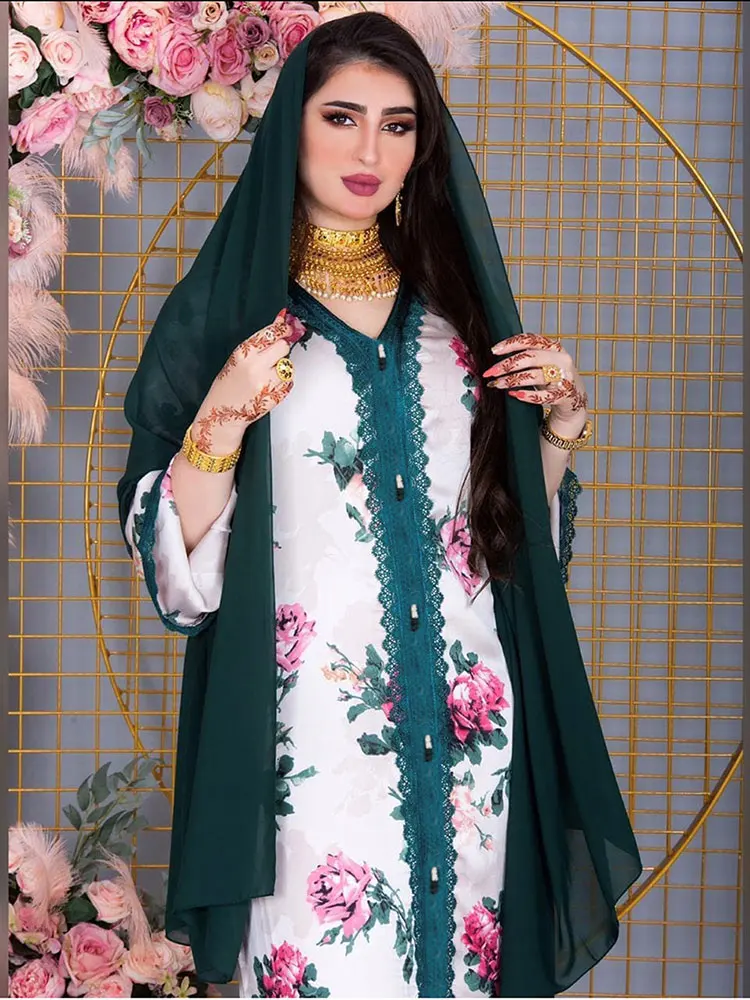 Женское длинное платье с цветочным принтом Jalabiya, длинное платье с кружевной отделкой, мусульманская партия в Дубае, марокканская партия, ка...